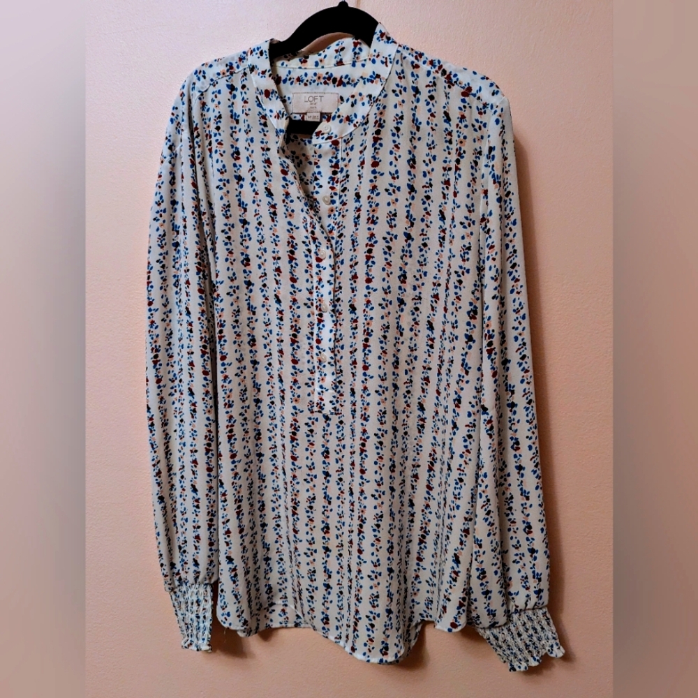 Sz M (P) Loft White Tunic Blouse Multi Floral Long Sleeve